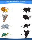 vector illustration finding the correct shadow wild animals lion koala elephant turtle