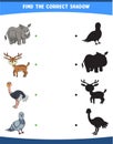 vector illustration finding the correct shadow wild animals rhino deer ostrich dove