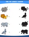 vector illustration finding the correct shadow wild animals rhino lion elephant dove Royalty Free Stock Photo