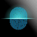 Vector illustration. Fingerprint scanner transparent sign blue color designed for your app, ux project.