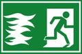 Vector illustration - fire emergency exit sign, person escaping flames through a door