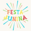 Vector illustration with fireworks and bright inscription Festa Junina on white background.