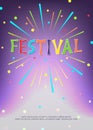 Vector illustration with fireworks, confetti and bright inscription Festival on dark background.