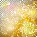 Vector Illustration of Fireworks. Realistic abstract festive background with yellow and red bursts, explosion and sparkle over tra Royalty Free Stock Photo