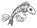 Vector illustration with fish slipping out of fisherman`s hands. Royalty Free Stock Photo