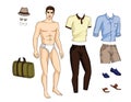 Vector illustration of fit body guy with set of stylish summer clothes, shoes and accessories.