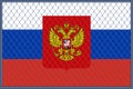 Vector illustration of the flag and coat of arms of Russia under the lattice. Concept of isolationism Royalty Free Stock Photo