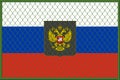 Vector illustration of the flag and coat of arms of Russia under the lattice. Concept of isolationism Royalty Free Stock Photo