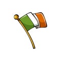 Vector illustration. Flag of Ireland on flagstaff. Location symbol for travelers. Cartoon sticker with contour.