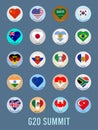 Vector illustration of the flags of the G-20 countries in the form of a logo with hearts. G20, top twenty economies of the world.