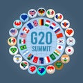 Vector illustration of the flags of the G-20 countries in the form of a logo with hearts. G20, top twenty economies of the world.