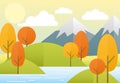 Vector illustration flat autumn nature landscape. Colorful nature, mountains, lake, sun, trees, clouds. Autumn view in