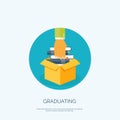 Vector illustration. Flat background with books in box. Graduating. Univercity, school.