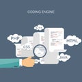 Vector illustration. Flat background. Coding programming and SEO. Search engine optimization. App development creation Royalty Free Stock Photo