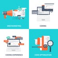 Vector illustration. Flat background. Coding, programming. SEO. Search engine optimization. App development, creation Royalty Free Stock Photo