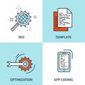 Vector illustration. Flat background. Coding, programming. SEO. Search engine optimization. App development, creation Royalty Free Stock Photo
