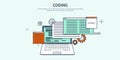 Vector illustration. Flat background. Coding, programming. SEO. Search engine optimization. App development, creation Royalty Free Stock Photo