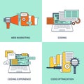 Vector illustration. Flat background. Coding, programming. SEO. Search engine optimization. App development, creation Royalty Free Stock Photo