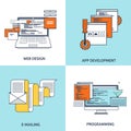 Vector illustration. Flat background. Coding, programming. SEO. Search engine optimization. App development, creation Royalty Free Stock Photo