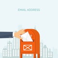 Vector illustration. Flat background with envelope. Emailing concept background. Spam sms writing.Lettering. New message Royalty Free Stock Photo