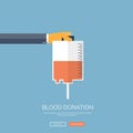 Vector illustration. Flat background with hand and blood container. Blood donation.