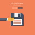 Vector illustration. Flat background with hand ,floppy disc. Data transfer. Information. Royalty Free Stock Photo