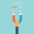 Vector illustration. Flat background with hand and magnet. Physics.