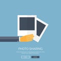 Vector illustration. Flat background with hand ,photos. Travel. Selfie images sharing.
