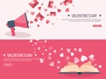 Vector illustration. Flat background with loudspeaker, hand and book. Love and hearts. Valentines day. Be my valentine
