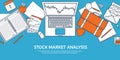 Vector illustration. Flat background. Market trade. Trading platform account. Moneymaking business. Analysis and