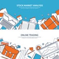 Vector illustration. Flat background. Market trade. Trading platform account. Moneymaking business. Analysis and