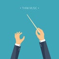 Vector illustration. Flat background orchestra conductor. Music and hands.