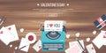 Vector illustration. Flat background with typewriter. Love and hearts. Valentines day. Be my valentine. 14 february