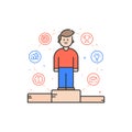 Vector illustration in flat bold linear style with boy and color icons.