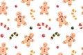 Vector illustration with flat cartoon seamless pattern of gingerbread men and candy cane, cute Christmas theme for Royalty Free Stock Photo