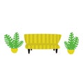 Vector illustration in flat cartoon style. Yellow striped sofa and plants on the sides.