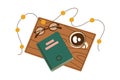 Vector illustration flat cartoon top view composition with book, coffee mug, glasses and string lights, reading theme Royalty Free Stock Photo