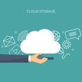 Vector illustration. Flat cloud computing background. Data storage network technology. Multimedia content web sites Royalty Free Stock Photo