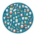 Vector illustration of flat dentistry icons in a round shape