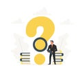 Businessman holds a magnifying glass and stand near with big question mark. Vector illustration of a flat design Royalty Free Stock Photo