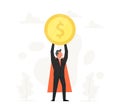 Celebrating businessman holding coin over his head. Business illustration in flat design. Success, champion, victory