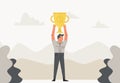 Celebrating businessman holding winner cup trophy over his head. Business illustration in flat design. Success, champion