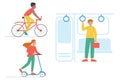 Vector illustration in flat design of different people on different types of transportation. Cycling, riding a scooter, public