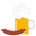 Vector illustration of flat design glass of splashing beer with grilled sausage icon isolated on white background
