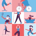 Vector illustration in flat design of group people doing different kinds of sport Royalty Free Stock Photo