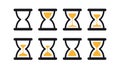 Set of hourglass sprites illustration for animation frames. Black sand clocks and timers collection on white background.