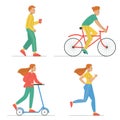 Vector illustration in flat design of people engaged in various sports. Running, walking, cycling. World health day. Healthy