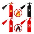 Vector illustration of flat design set red, black fire extinguisher with nozzle icon, fire and no fire sign, no open flame Royalty Free Stock Photo