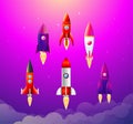 Vector illustration. 6 flat icons with varicolored rocket ships. Project start up and development process