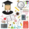 Vector illustration flat illustration of school supplies. Girl student icon. Royalty Free Stock Photo